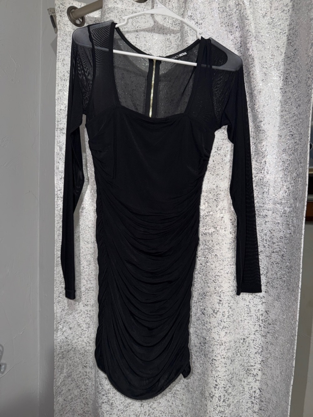 Fashion Nova Black Ruched Long Sleeve Mesh Bodycon Dress